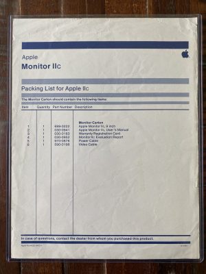 1984 Apple IIc Monitor Packing List