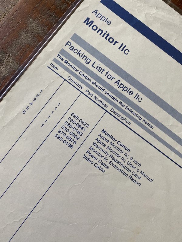 1984 Apple IIc Monitor Packing List