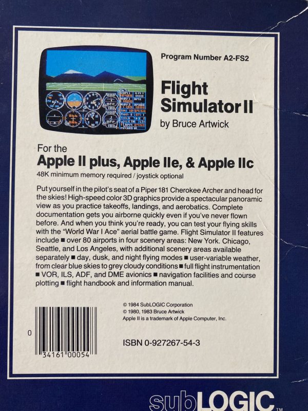 1984 Apple II+, IIe and IIc, Flight Simulator II Video Game by subLOGIC Corporation, Champaign, IL