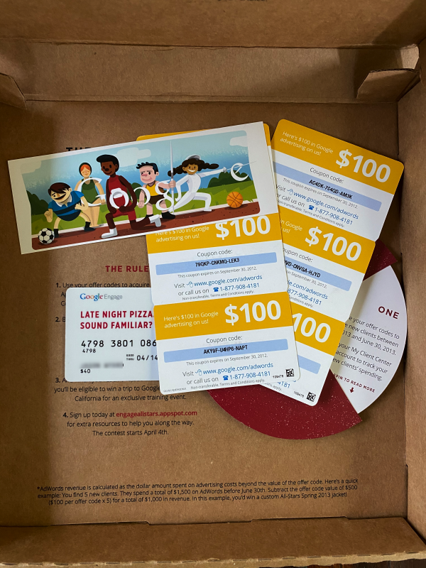 Google Engage "ALL STARS" Pizza Box w/ Credit Card, Adwords Offers and Misc