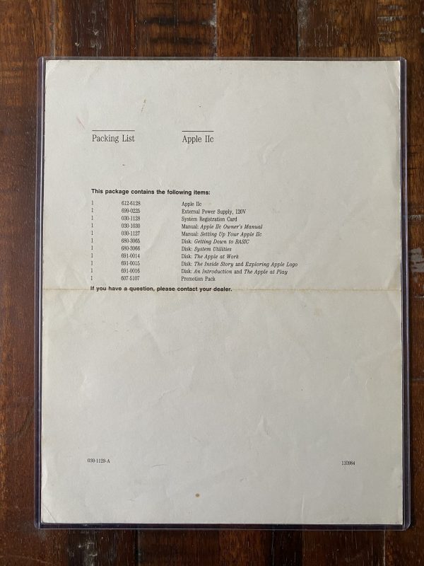 1984 Apple IIc original packing list document